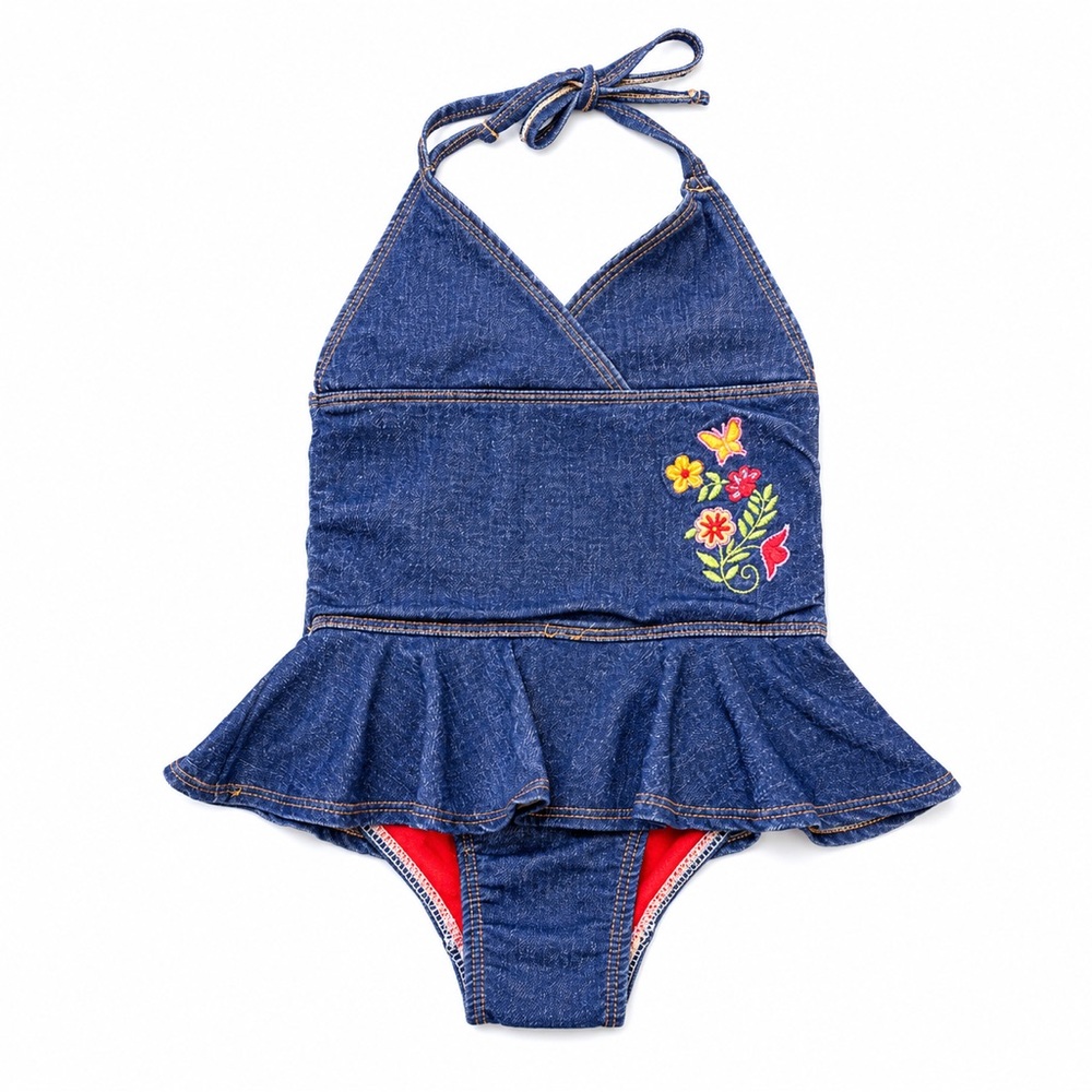 Penelope Mack Denim-Style Blue Halter One-Piece with Floral Embroidery